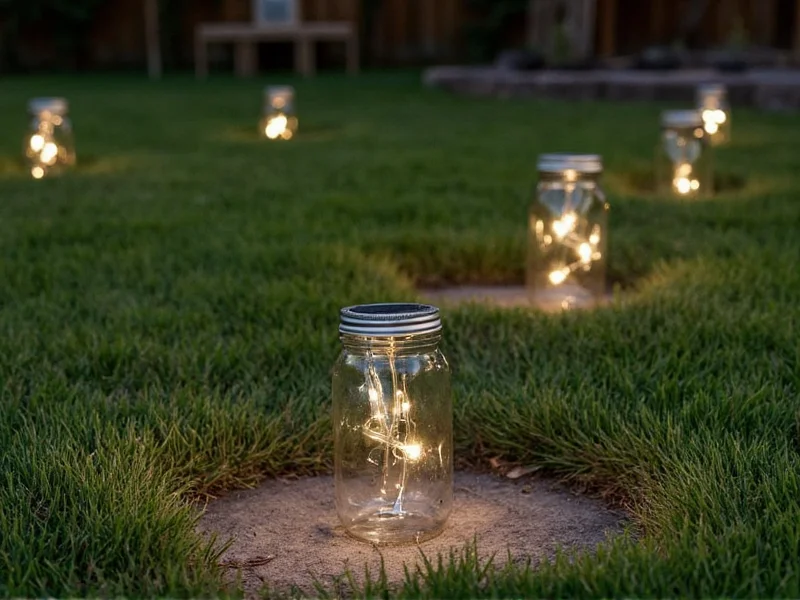 DIY mason jar path lights with solar bulbs in backyard setting