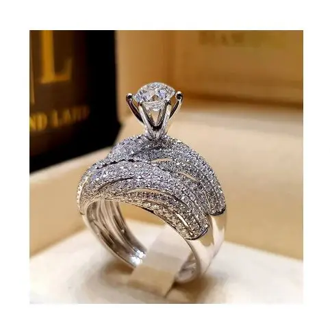 

Accept Custom Silver Sterling 925 Top Quality Luxury 2pcs/set Gemstone CZ Diamond Ring Set Wedding Party Rings For Women B2445