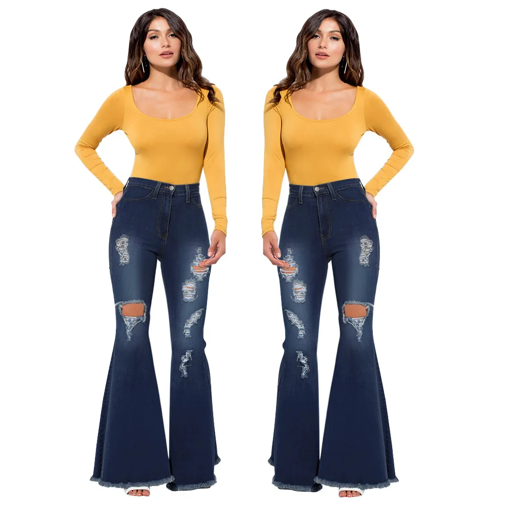 

Amazon hot selling elegant colorful ripped denim ripped jeans women