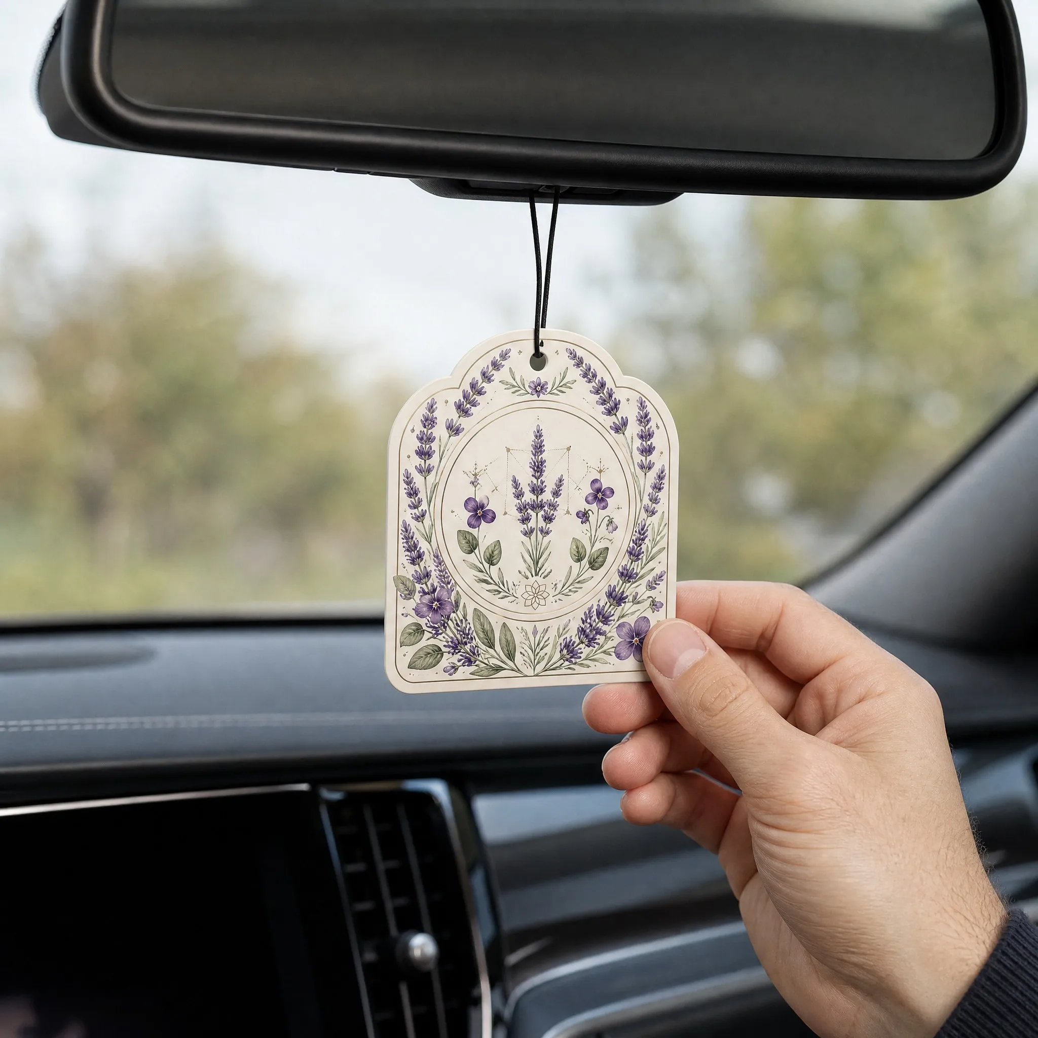 French Lavender Scented Air Freshener Hanging in Car from Rearview Mirror Lifestyle Context