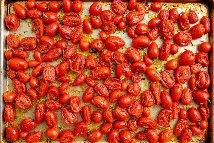 Roma tomatoes and red bell peppers arranged on baking sheet before roasting with olive oil and herbs