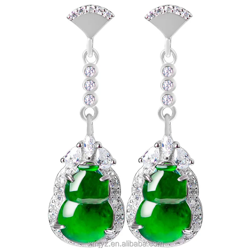 

Certified Grade A S925 Silver Inlay Natural Emerald Green Earrings Gourd Ice Jade Stone Women's High-End Fashion Earrings