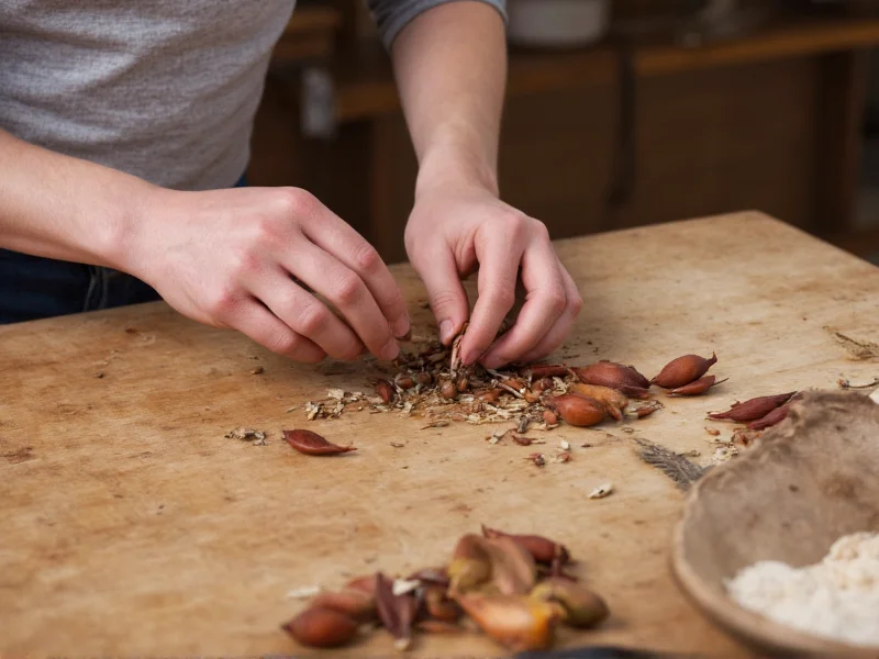 Hand sorting natural craft materials on wooden table