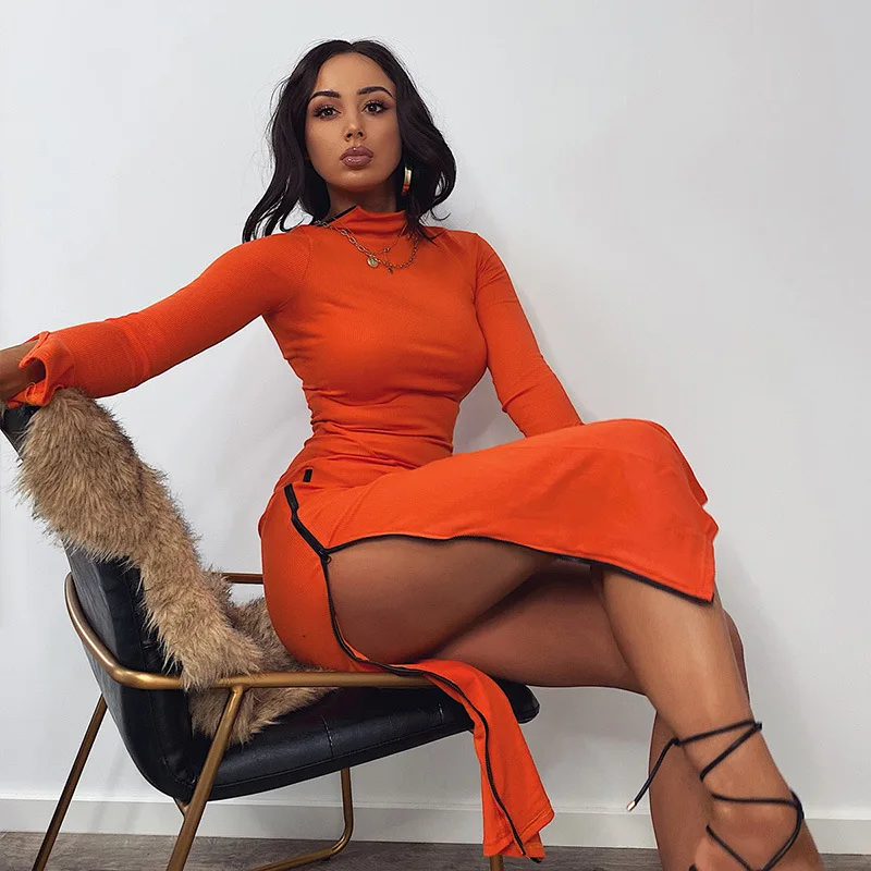 

Dropshipping Sexy High Slit Zipper Slit Cuff Women Club Dress