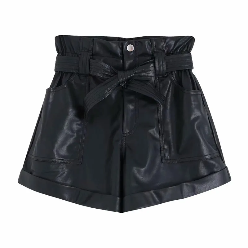 

kz964 Women's Black PU Shorts female Casual High Waist sashes slim waist artifition Leather Shorts Clothing pantalones cortos