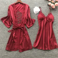 

High Quality 2 Piece Pure Silk Robes Set Sexy Ice Silk Nightgown Sleepwear Pajamas Women