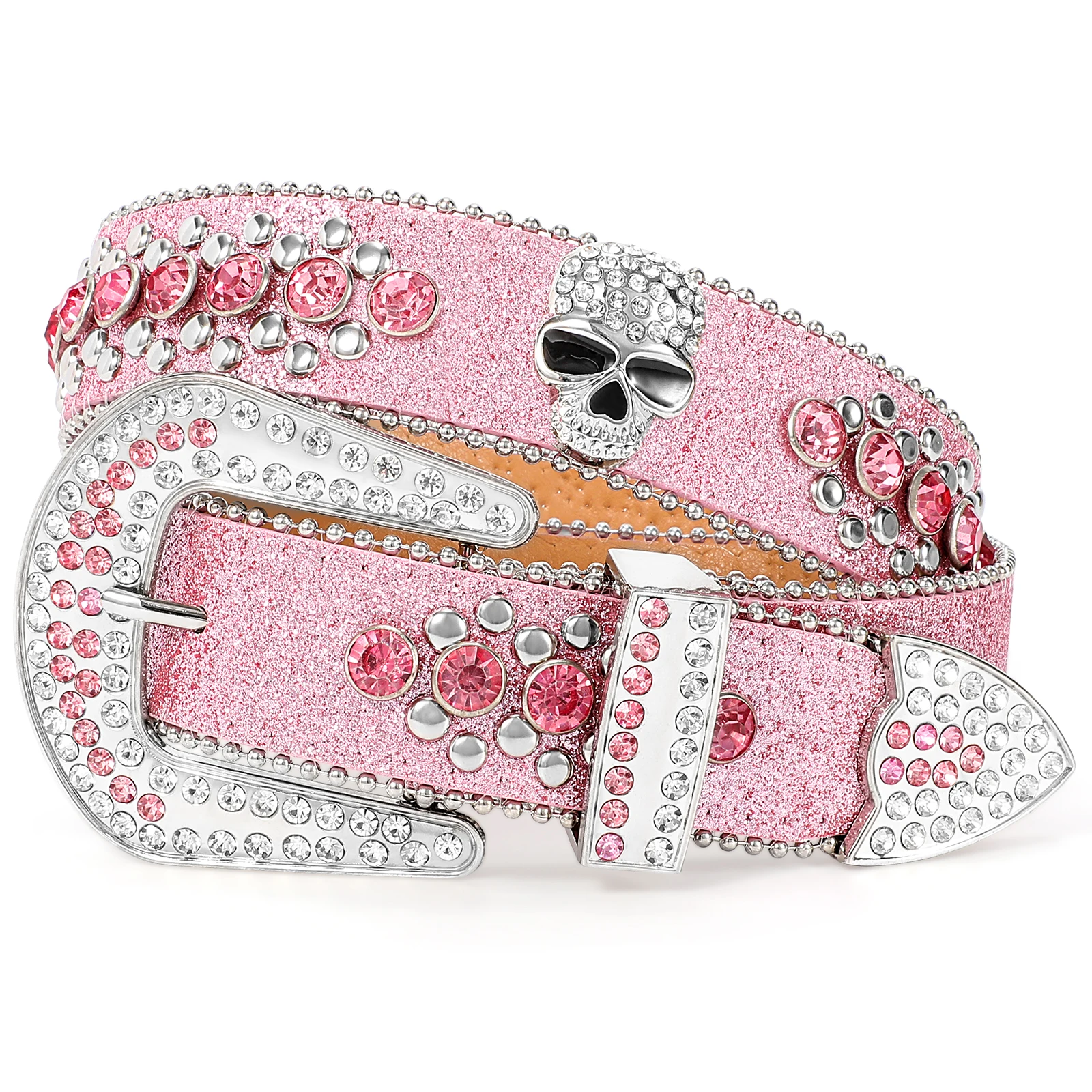 

Pink Skull Design Cowboy Style Studded Rhinestone Pin Alloy Buckle Faux PU Leather Simon Custom Rhinestone Belt