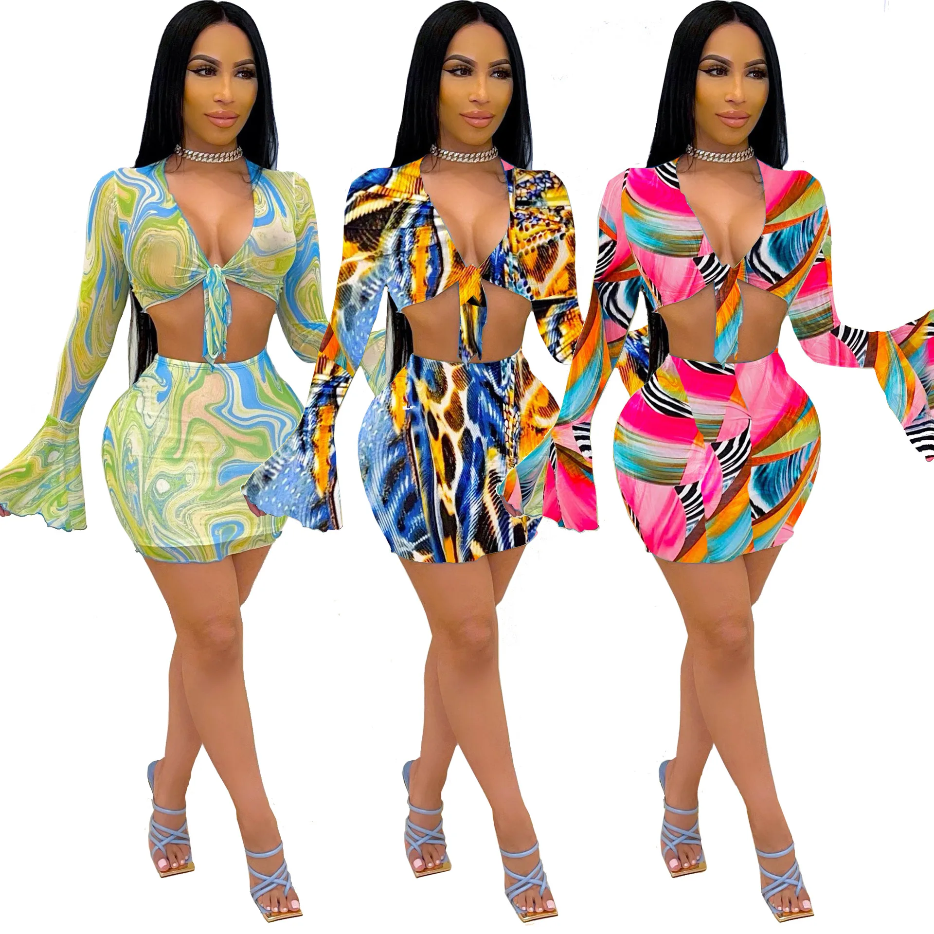 

DUODUOCOLOR Fashion sports trumpet sleeve gauze printed sexy summer two piece bandage crop tops sets D10585