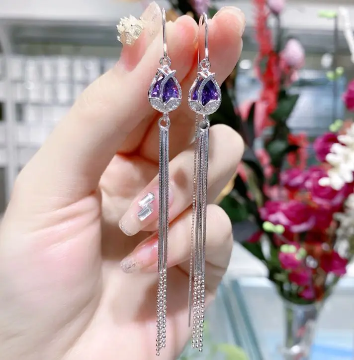 

925 sterling silver long earrings female new purple tulip tassel earrings creative earrings wholesale