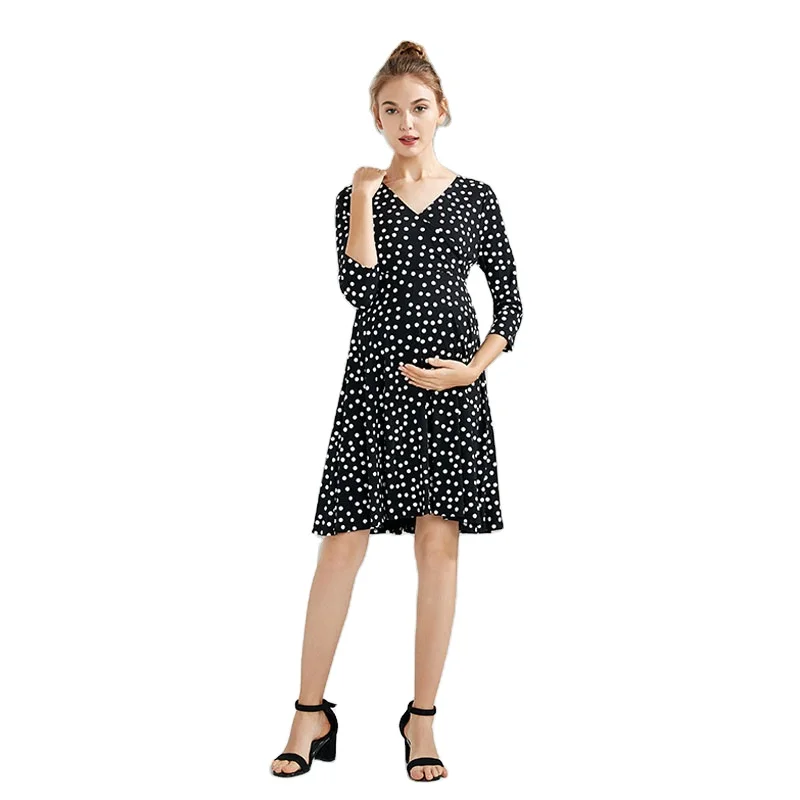 

MASANON Wholesale Breathable Knee-Length Maternity Dress Polka Dots Maternity Gown Fashion Maternity, Black