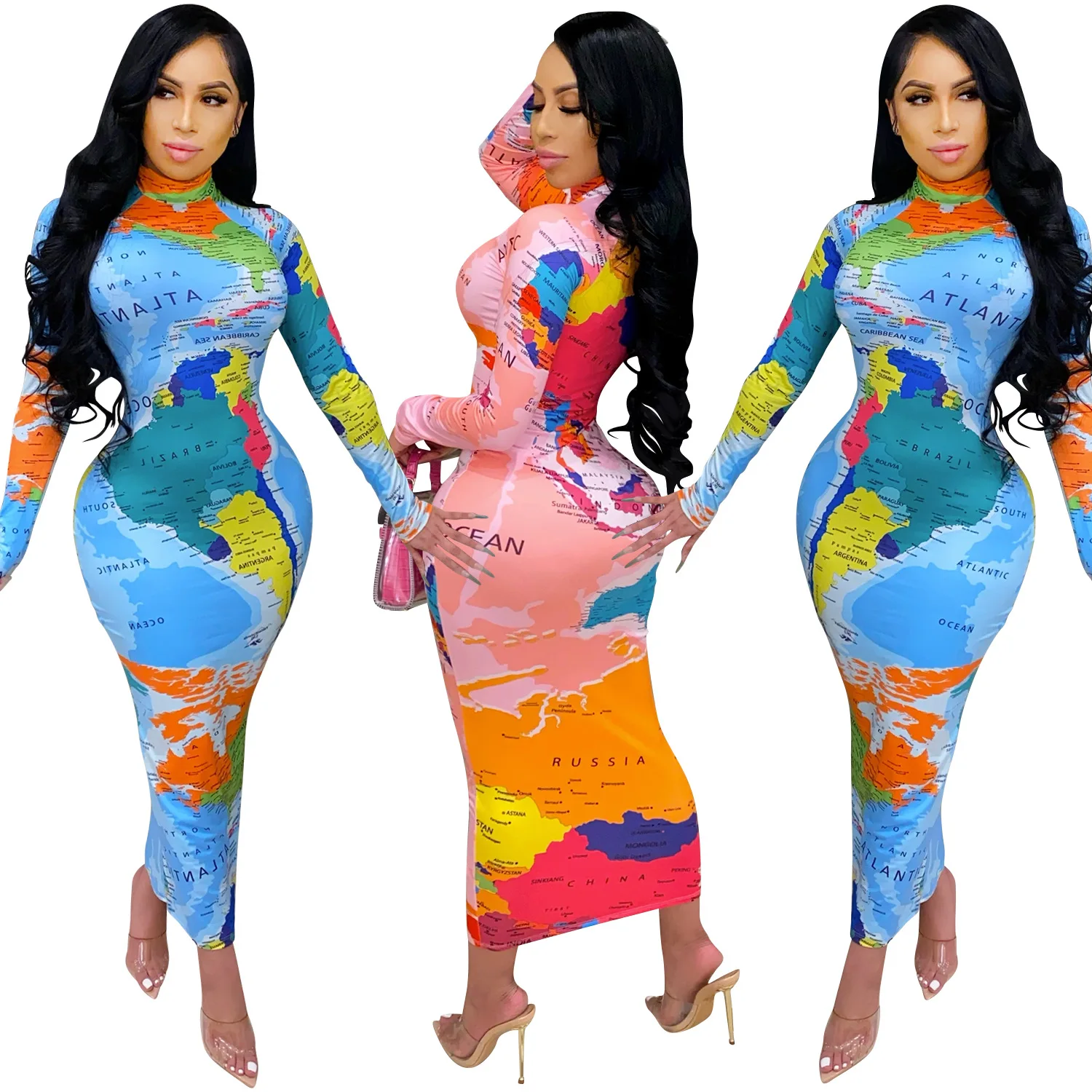 

2021 New Arrivals World Map Dress Women Sexy Bodycon Midi Dress Turtleneck Long Sleeve Casual Dresses