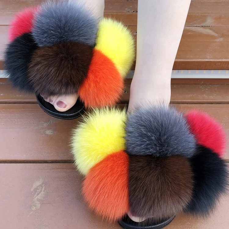 

Factory direct home bedroom genuine mixed color wholesale ladies fur flip flops fox leather slippers Ms 2021, Customized color