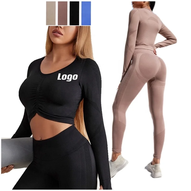 

Workout Clothes Seamless Gym Wear Seamless Butt Lift Legging Woman Fitness Long Sleeve Yoga Set, As show or customized