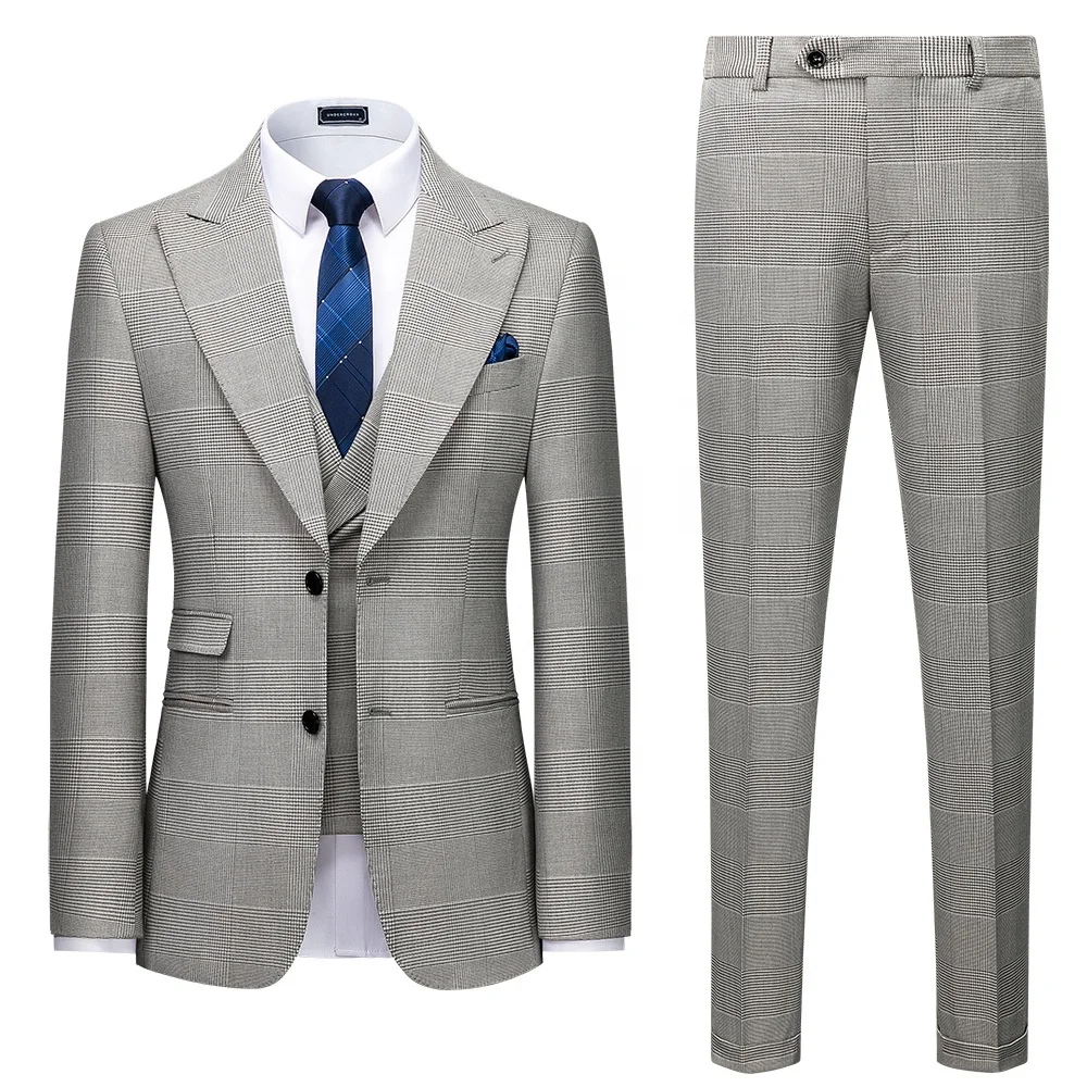 

Men Plaid Single Breasted Business 3 Piece Light Grey Formal Wedding Suits 2021, Same as image