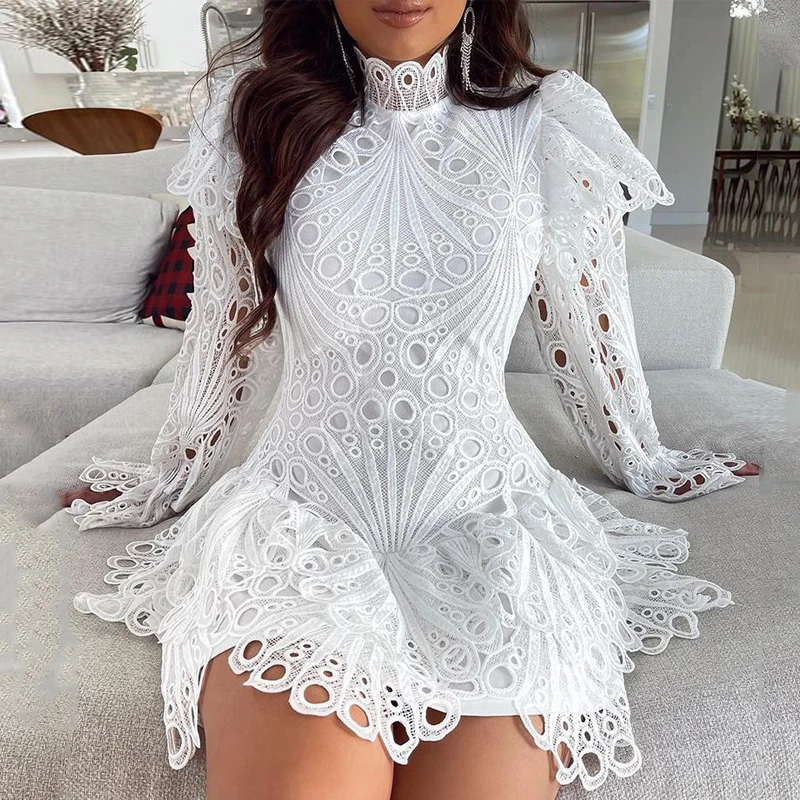 

Summer Chic White Hollow Out Sexy Classy Vintage Lace Short Women Casual Dress