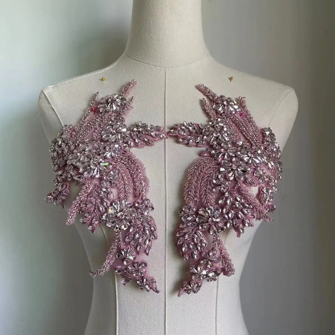 

Pink crystal bead motif applique for dance costume, rhinestone bodice applique for wedding dress, 5colors