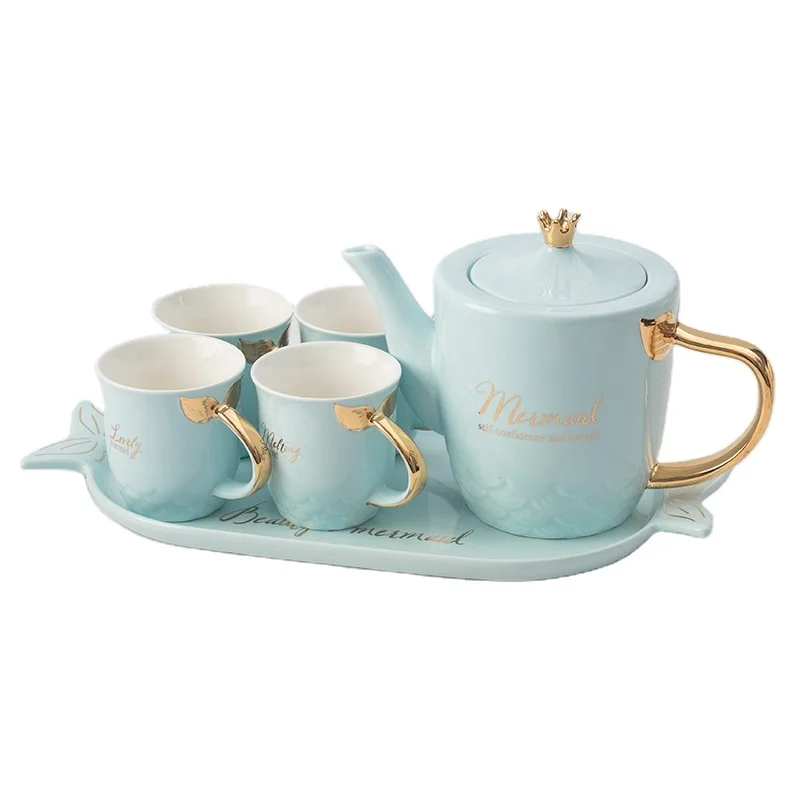 

Creative Mermaid Ceramic Tea Cup Set New Style Golden High-grade Coffee Mug Gift Set, White/pink/blue
