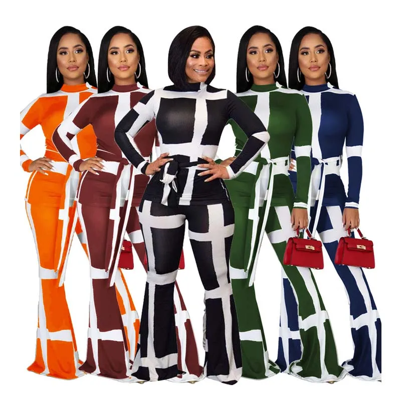 

Free Shipping Women's sexy bell-bottom pants striped print set two-piece dress set, Customized color