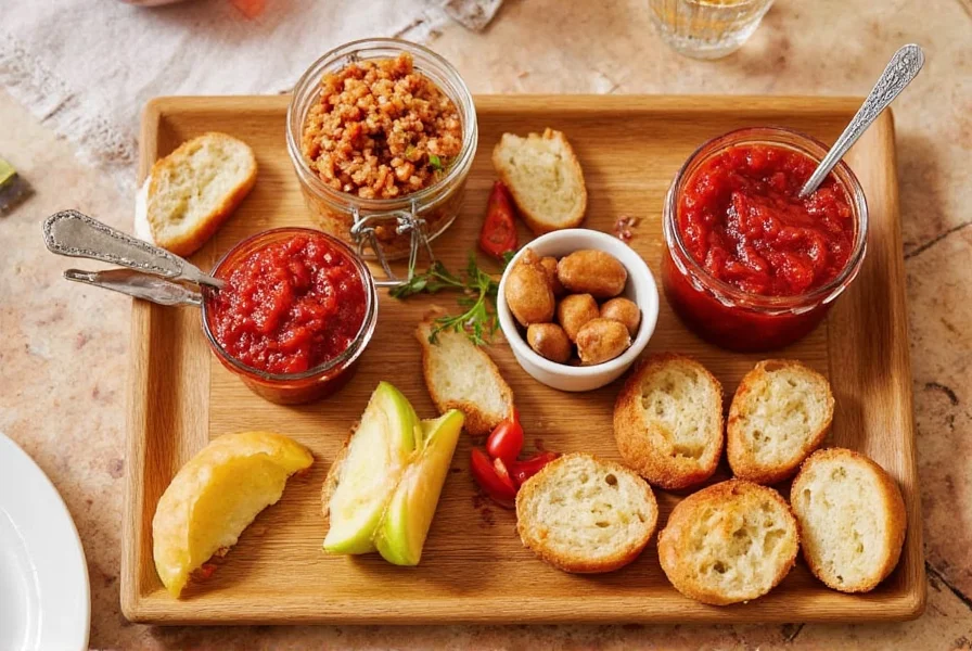 Red pepper jam served with various food pairings on wooden board