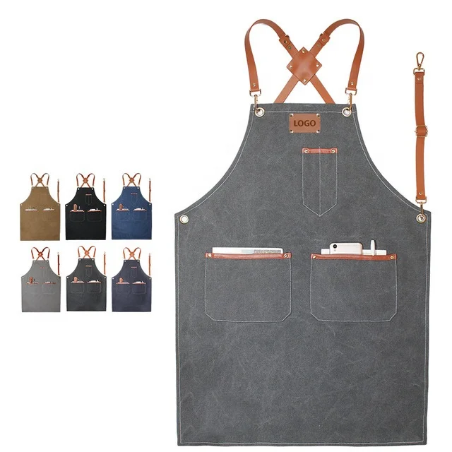 

SunYue 100% Cotton Canvas Leather Apron Barista Bartender Apron For Men, Can be customized