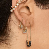 

Barlaycs Fashion Fancy Statement Vintage Gold Safty Crystal Rhinestone Pearl Beaded Pin Drop Channel Earrings for Women Jewelry