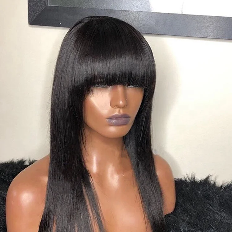 

Straight Wig With Bangs Brazilian Virgin Human Hair Lace Front Wig For Black Women 130%Density