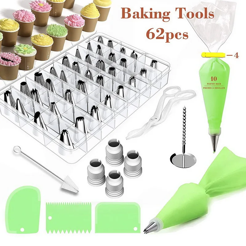 

62 pcs pastry bag scraper converter nail scissor baking cake decorating nozzles piping tips set, As picture