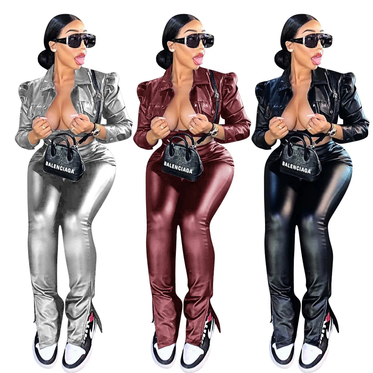 

Fashion Women Casual Mid sport suit stacked pants 2 piece set women With Ruched Sides