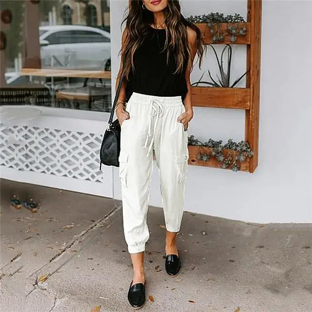 

2021 Summer New Solid Color Loose Casual Pants Pocket Drawstring Ladies Drawstring Pants, Picture color