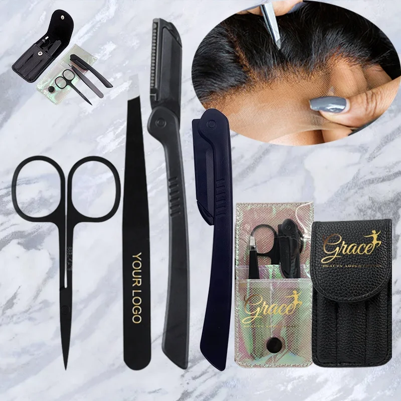 

Hot selling custom logo wig pre-plucked hairline tweezers scissors Razors lace frontals install cut lace 3 in 1 tools kit