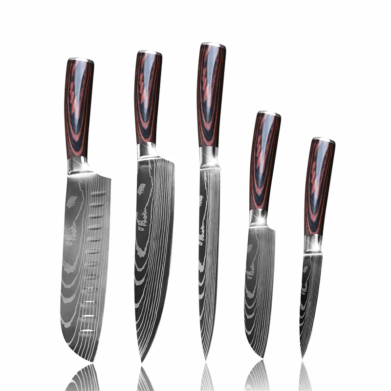 

5 Pcs Kitchen chef knife set with Damascus pattern 7Cr17mov Stainless Steel pakka wooden handle, Silver