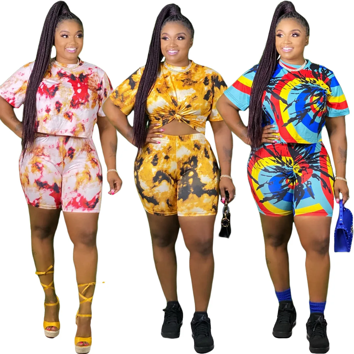 

Wholesale Amazon Hot Printed Plus Size Tracksuit Women's Short Sleeve Outfits Shorts Tie Dye Two Piece Short Set, Shown