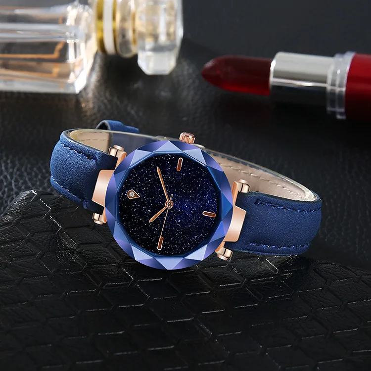 

Fashion Women Minimalism Blue Starry Sky crystal high quality small dial leather quartz watch