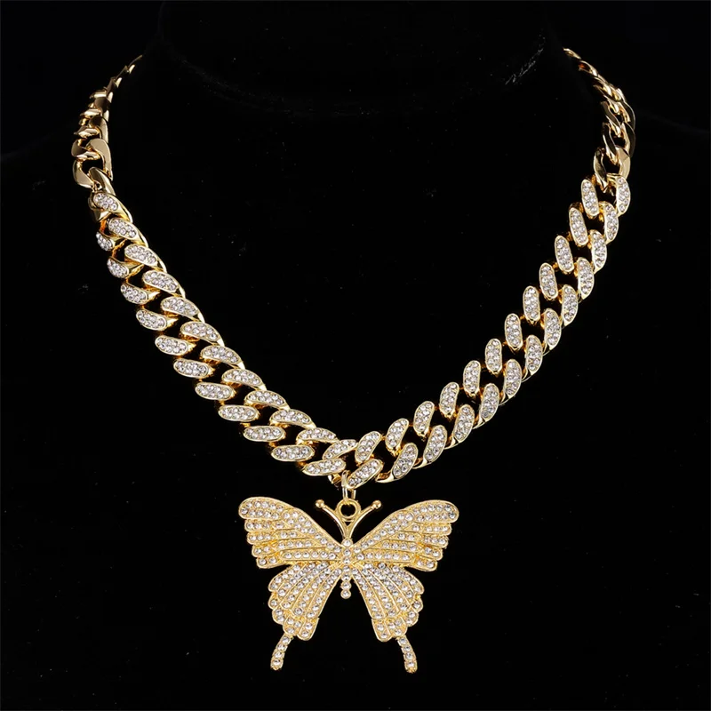 

Hip Hop Icy Bling Jewelry Men's Luxury Gold Plated Rhinestone Diamond Butterfly Pendant With Prong Cuban Necklace Chain