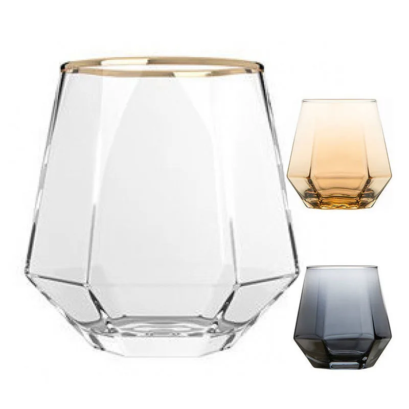 

Hot Sale Modern Handmade Diamond Thick Bottom Creative Crystal Gold Rimmed Whisky Glass for Bar