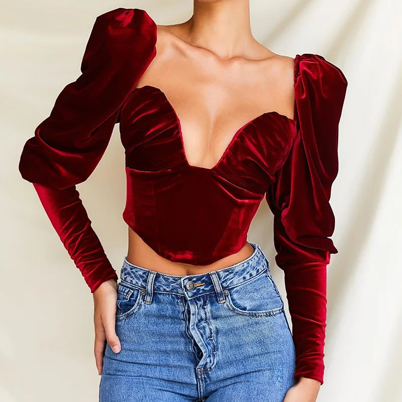 

FS2109D women Long sleeve V neck crop tops Fashion T shirts
