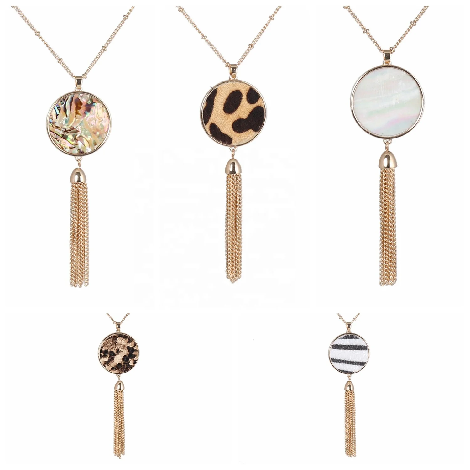 

Fashion 3.3cm Round Acrylic Abalone shell Leopard Pendant Necklace Tassels Gold Long Chain Sweater Necklace Women Jewelry