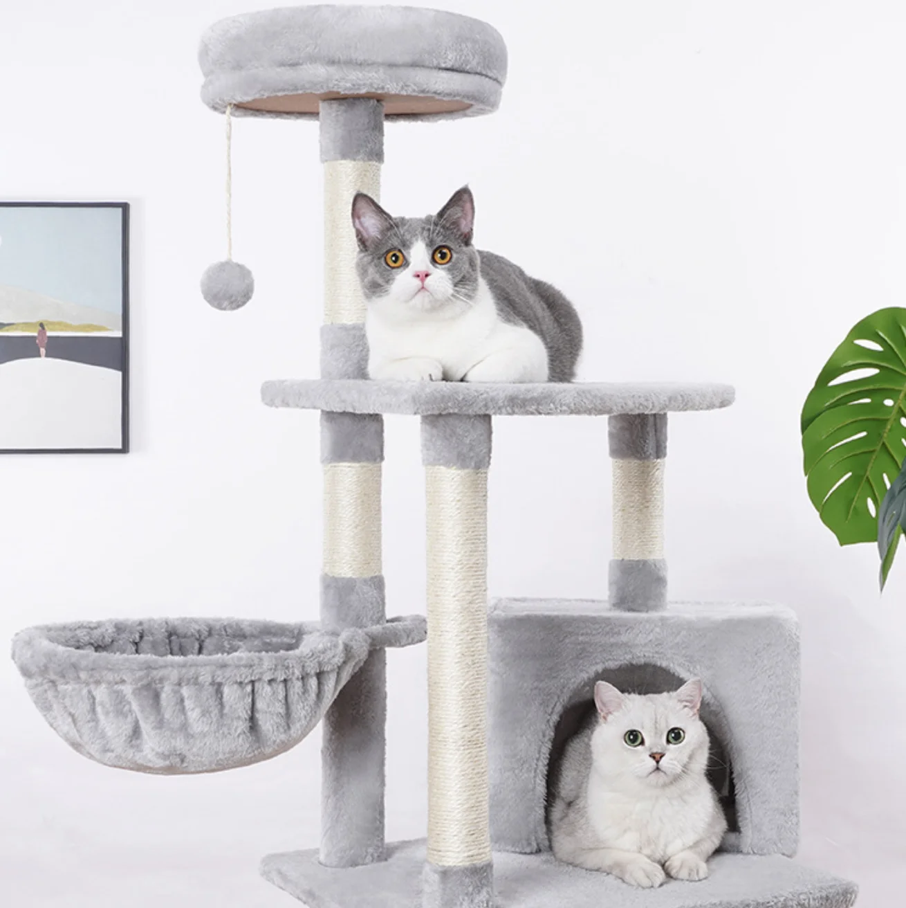 

Wholesales Natural White Sword Hemp Wooden House Cat Tree Large Modern Luxury Design Cat Tree Tower, Grey or customized
