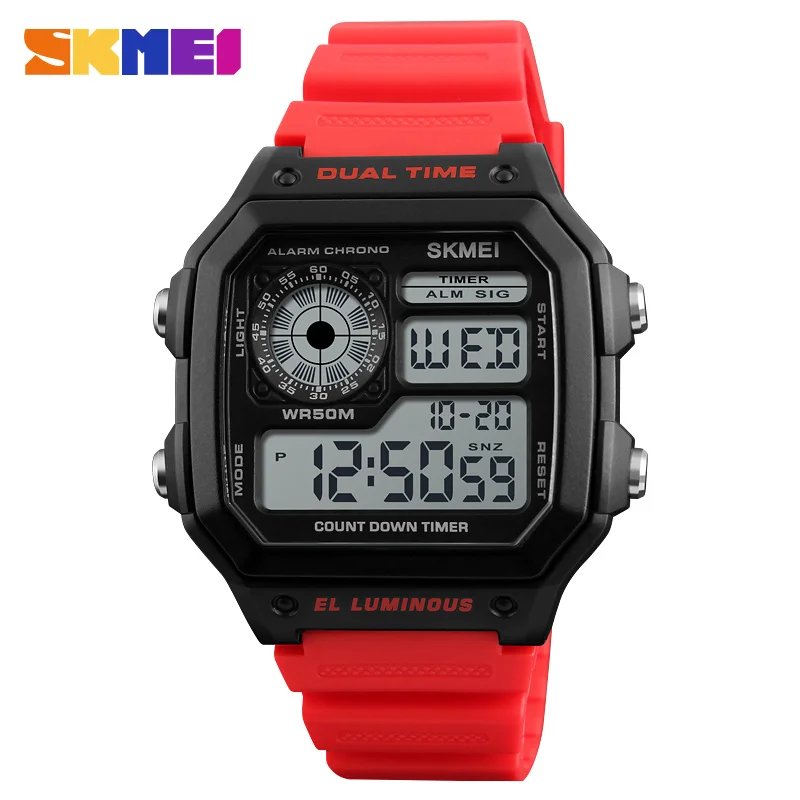 

SKMEI 1299 wholesale red man digital watch best power Silicone band dual time week display all type hiking wrist watch