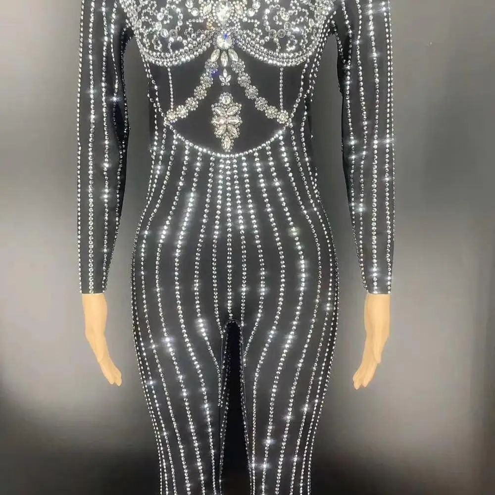 

Bling Crystals Spandex Black Jumpsuit. Birthday Celebrate Prom Party Outfit Female Singer Show Clothes