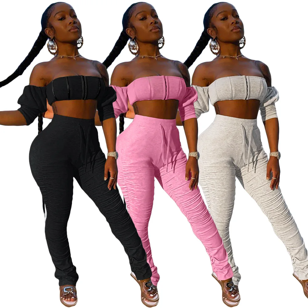 

TG 2021 sexy tie up plus size two piece set jogger sets stacked pants set, Custom color or our colour stock