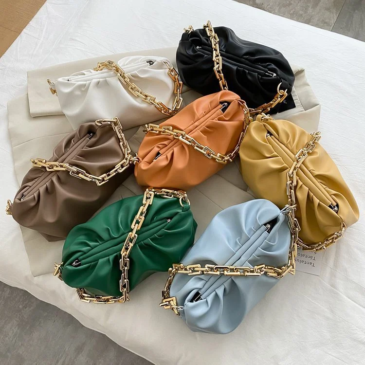

Wrinkled Cloud Bag Women Thick Chain PU Leather Leisure Dumpling Shoulder Bag 2021 Designer Simple Armpit Soft Handbag Totes, 10 colors