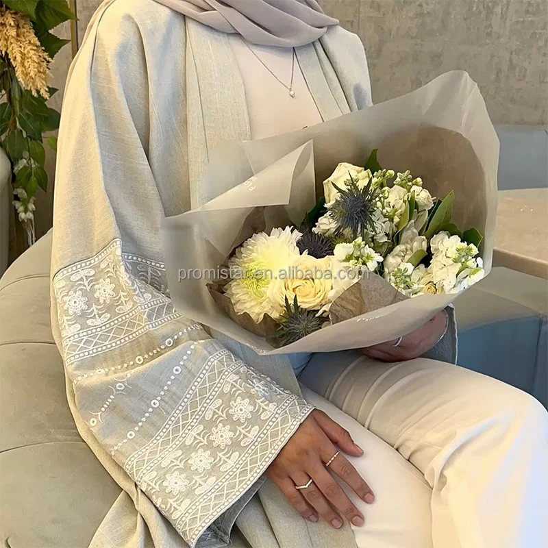 PROMISTAR Oversized Embroidered Abaya Belt Ladies Full-Length Kimono Female Embroidery Sleeves Linen Open Fashion Abaya