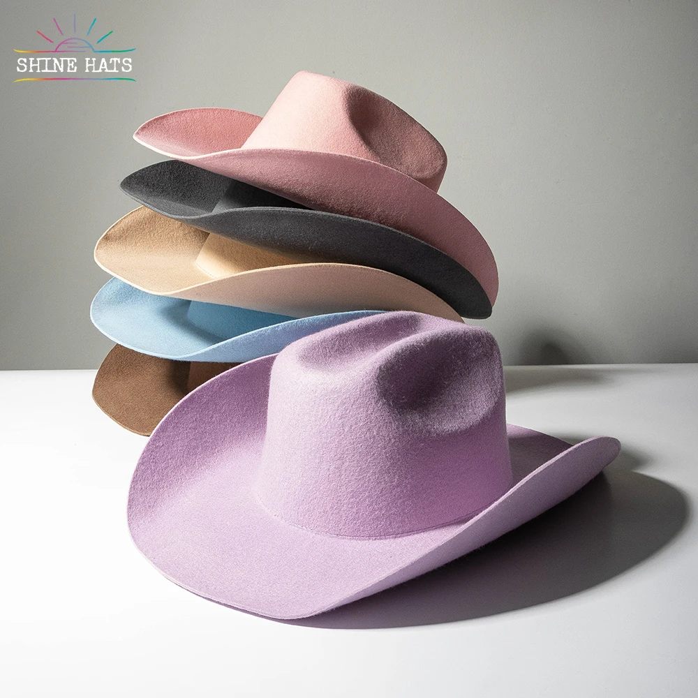 

Shinehats 2023 wholesale luxury retro western wide brim felt fedora hats cowboy cattleman chapeau for adult women ladies