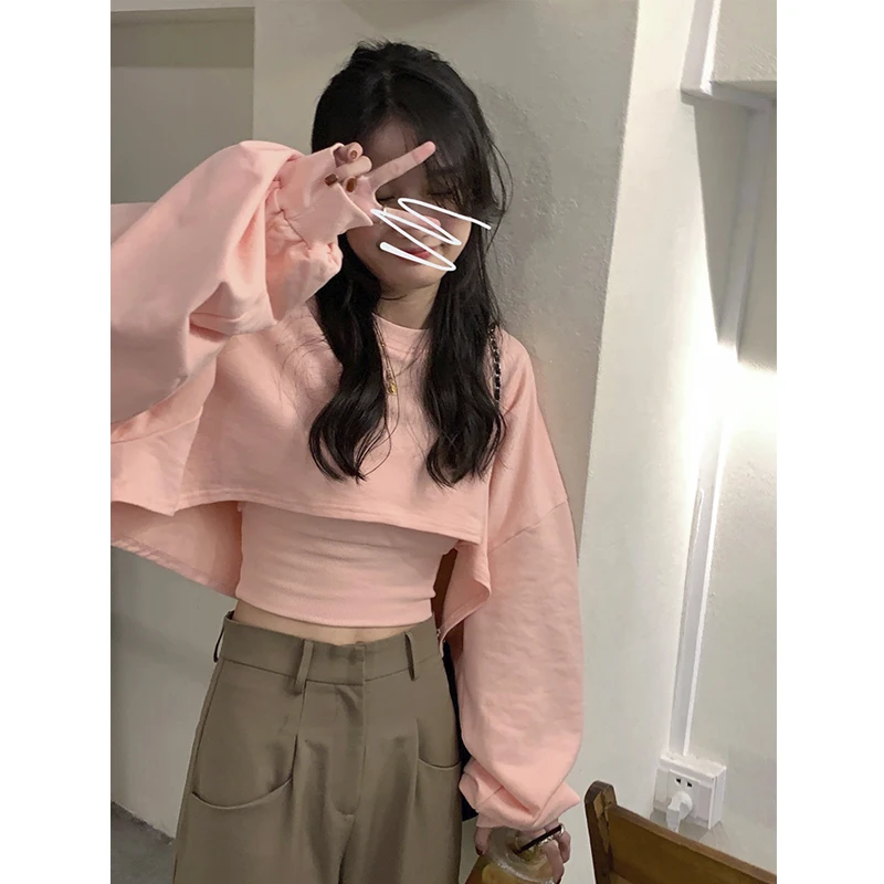 

Sports high street fashion two-piece Korean loose short sleeved long sleeve top suspender bottoming shirt women