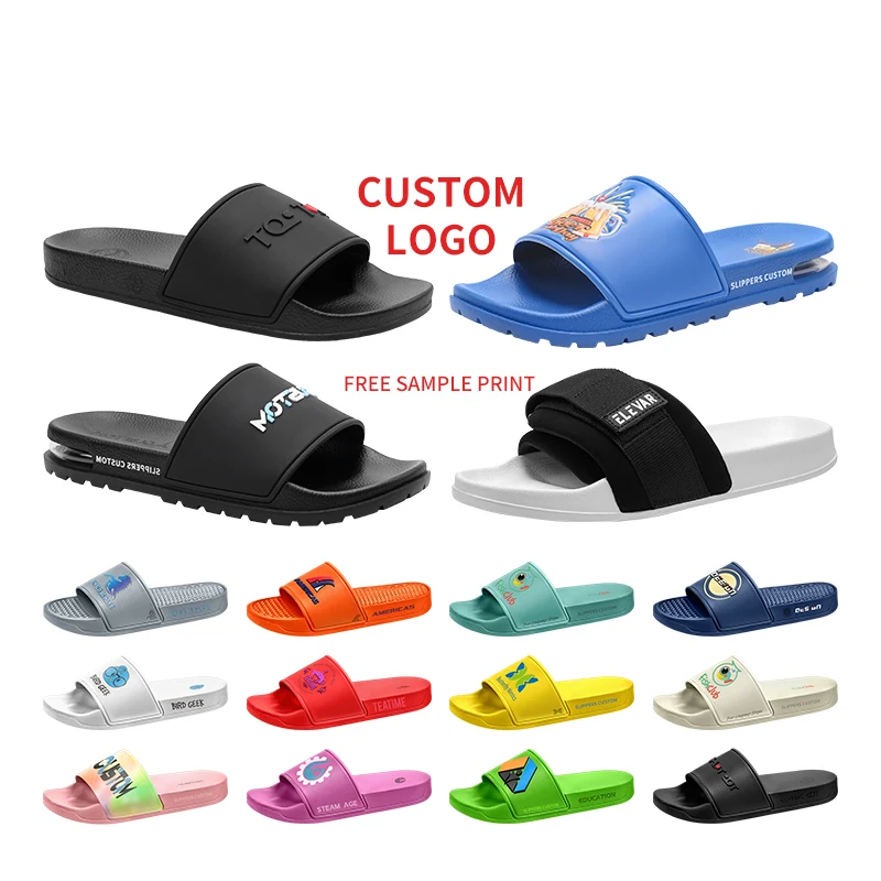 

Free Sample Designer Embossed Slides Pvc Printed Custom PVC Outsole Oem Custom Small Moq Slide Slippers Sandals For Men