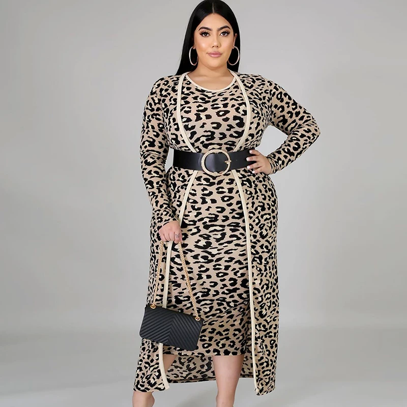 

2021 New Arrivals plus size women's casual leopard print long-sleeve coat two piece sets, As shown