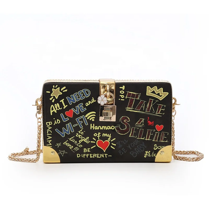 

Female Bag New Graffiti Casual Messenger Fashion Chain Shoulder Women Handbag Box Small Square Bag Bolsa Feminina, Orange/black/white/pink/green/purple/gray/red