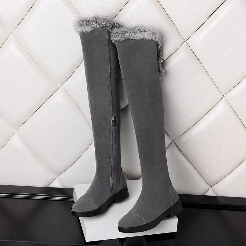 

Large Size Long Boots with Fur Ladies Low Heel Slip-on Shoes Black Boots Pumps Winter Shoes, Black/grey