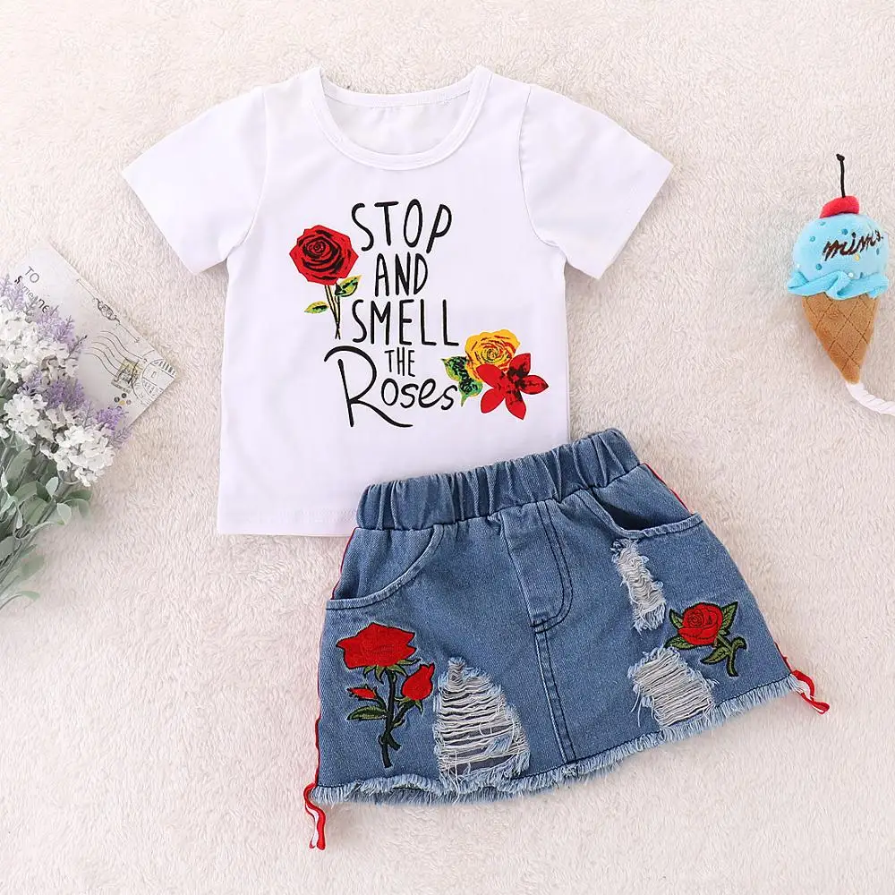 

2019 Children Summer Clothing Set Toddler Kids Baby Girls Rose Flower Print White T-shirt+Hole Denim Skirt Outfits